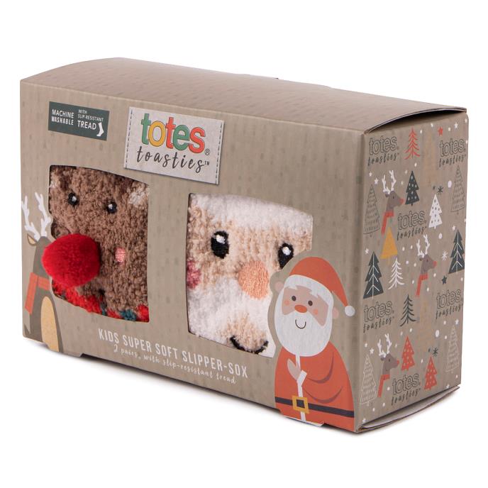 totes toasties Childrens Super Soft Slipper Socks (Twin Pack) Reindeer / Santa Extra Image 1